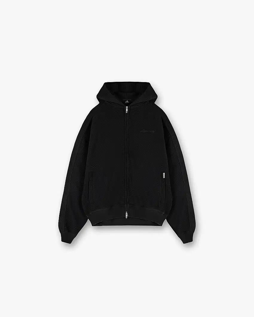 Waffle Zip Through Hoodie - Jet Black