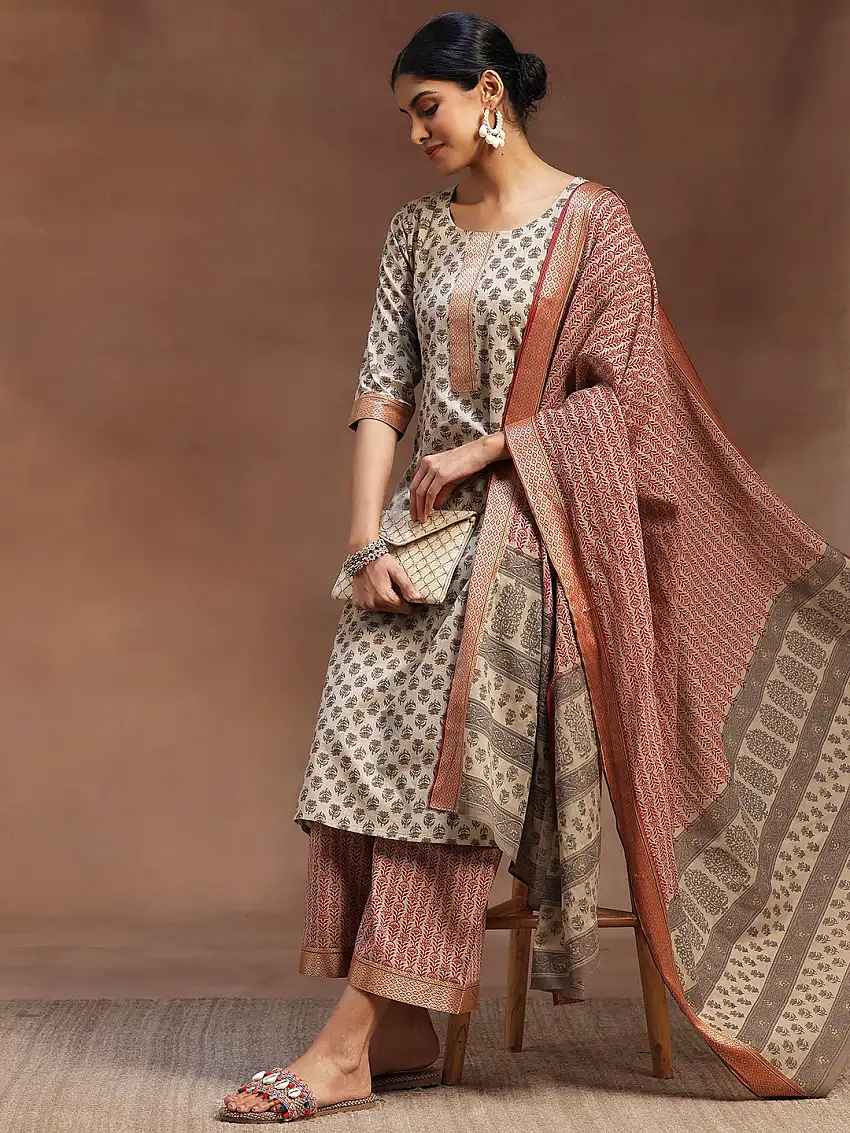 Beige Printed Cotton Straight Suit With Dupatta