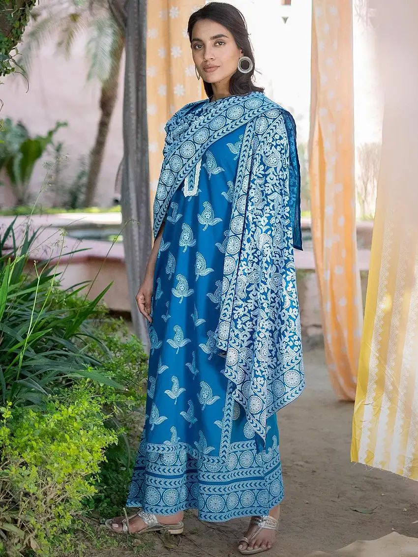 Blue Printed Cotton Suit Set