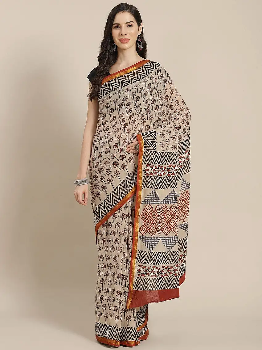 Beige Printed Cotton Saree