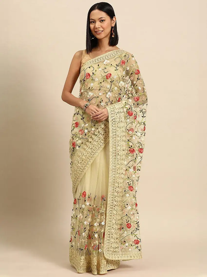 Beige Embroidered Net Saree