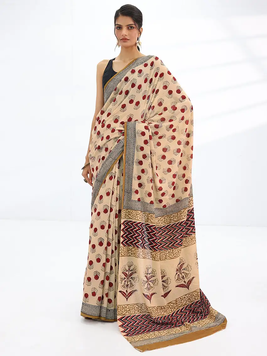 Beige Embellished Cotton Saree With Unstitched Blouse Piece