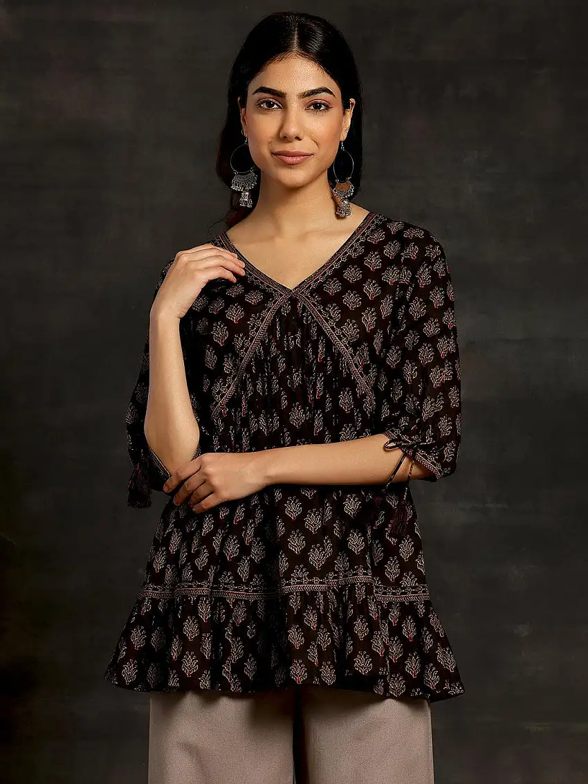 Black Printed Cotton A-Line Kurti