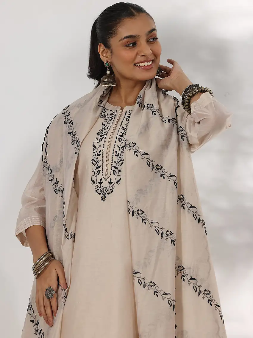 Beige Yoke Design Chanderi Silk Straight Suit With Dupatta
