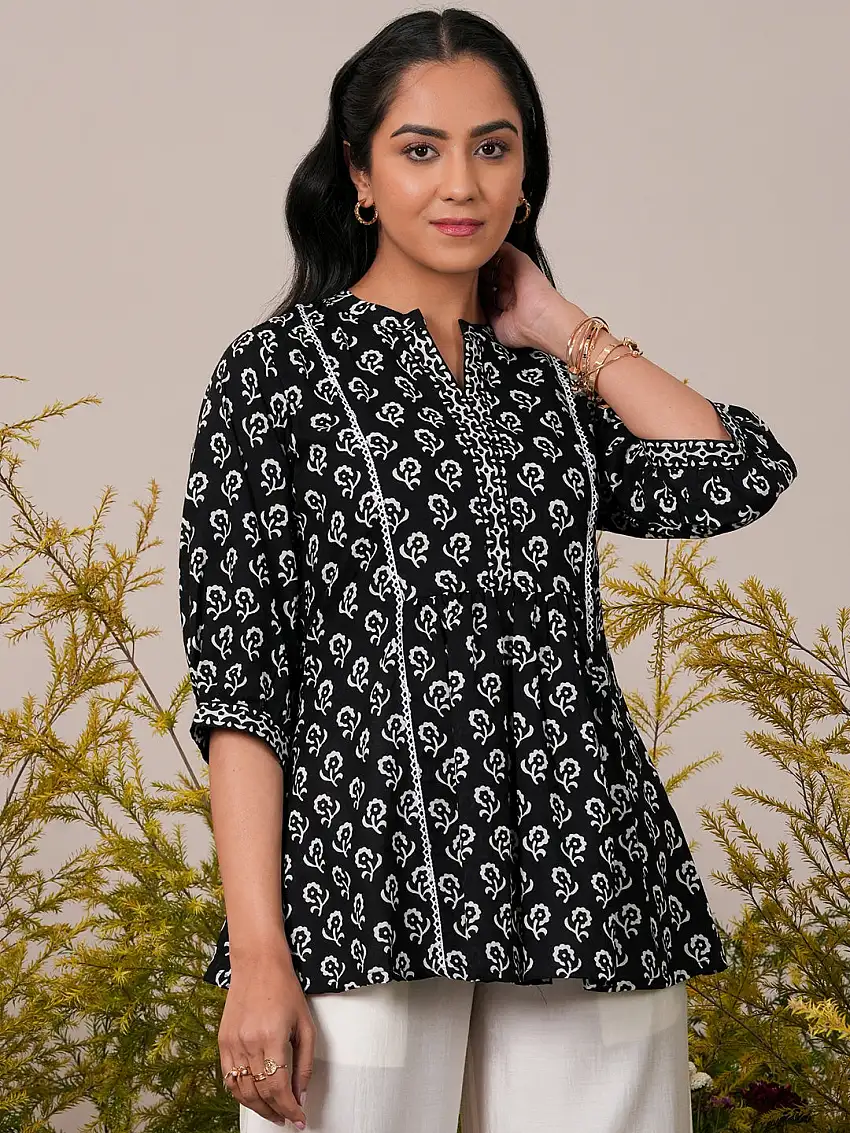 Black Printed Cotton Straight Short Kurti