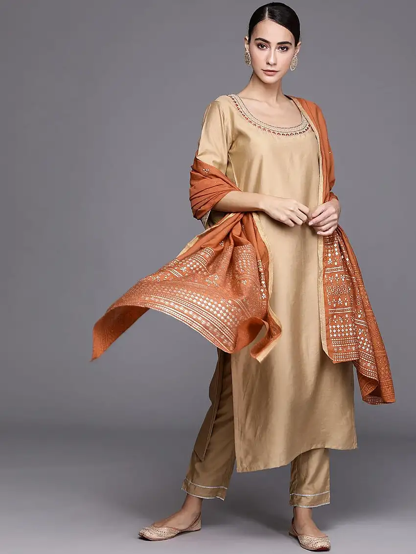 Beige Solid Chanderi Silk Suit Set