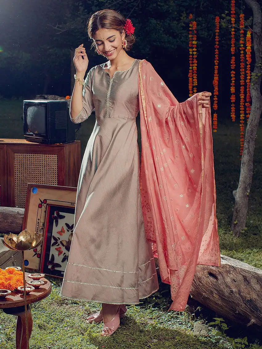Beige Solid Silk Dress With Dupatta