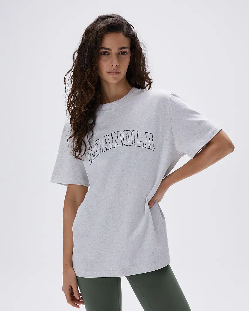 Varsity Stitch Short Sleeve Oversized T-shirt - Light Grey Melange/Black