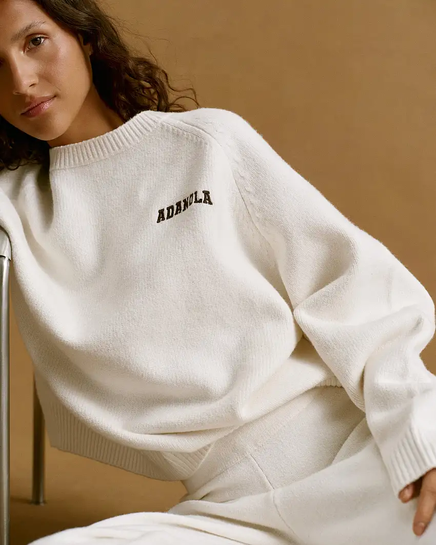 Chest Varsity Oversized Knit Sweatshirt - Cream/Coffee Bean