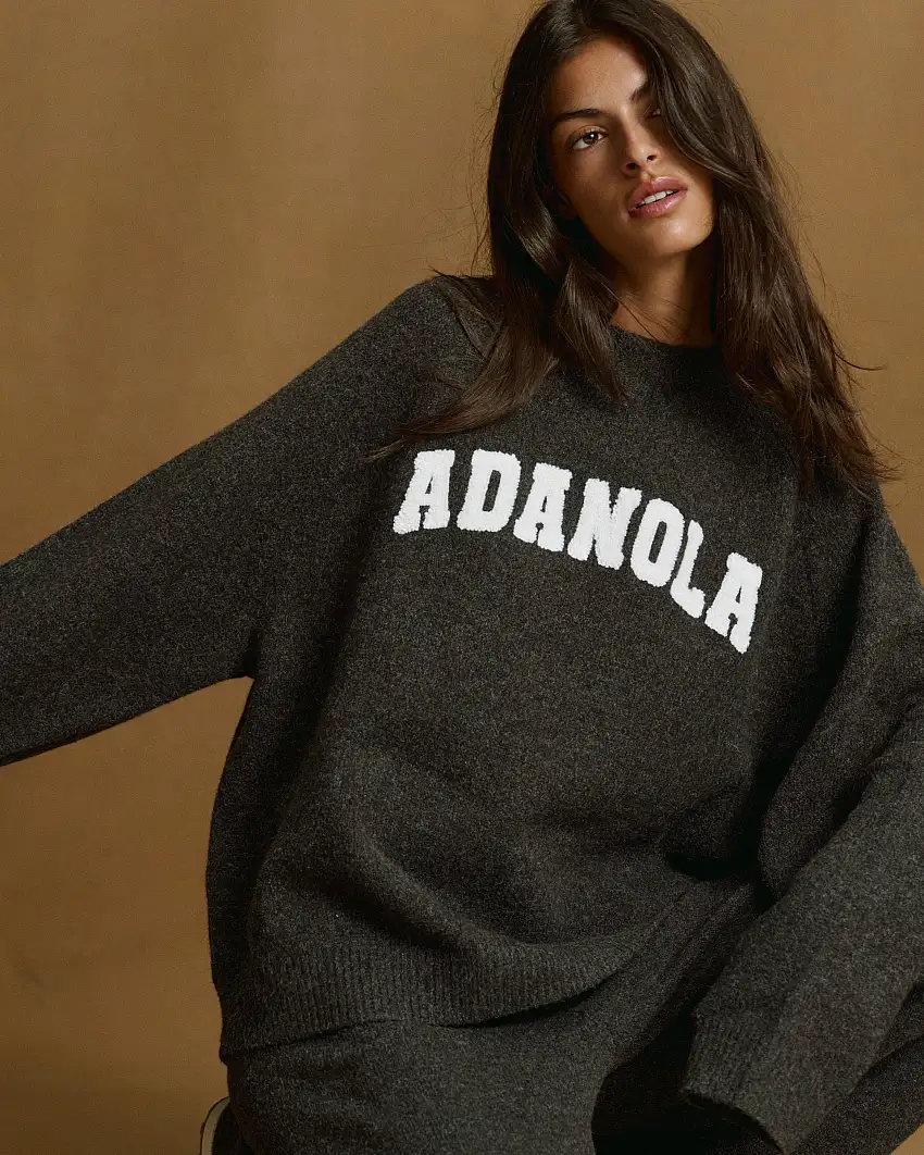 Varsity Boucle Oversized Knit Sweatshirt - Charcoal Grey/Marshmallow White