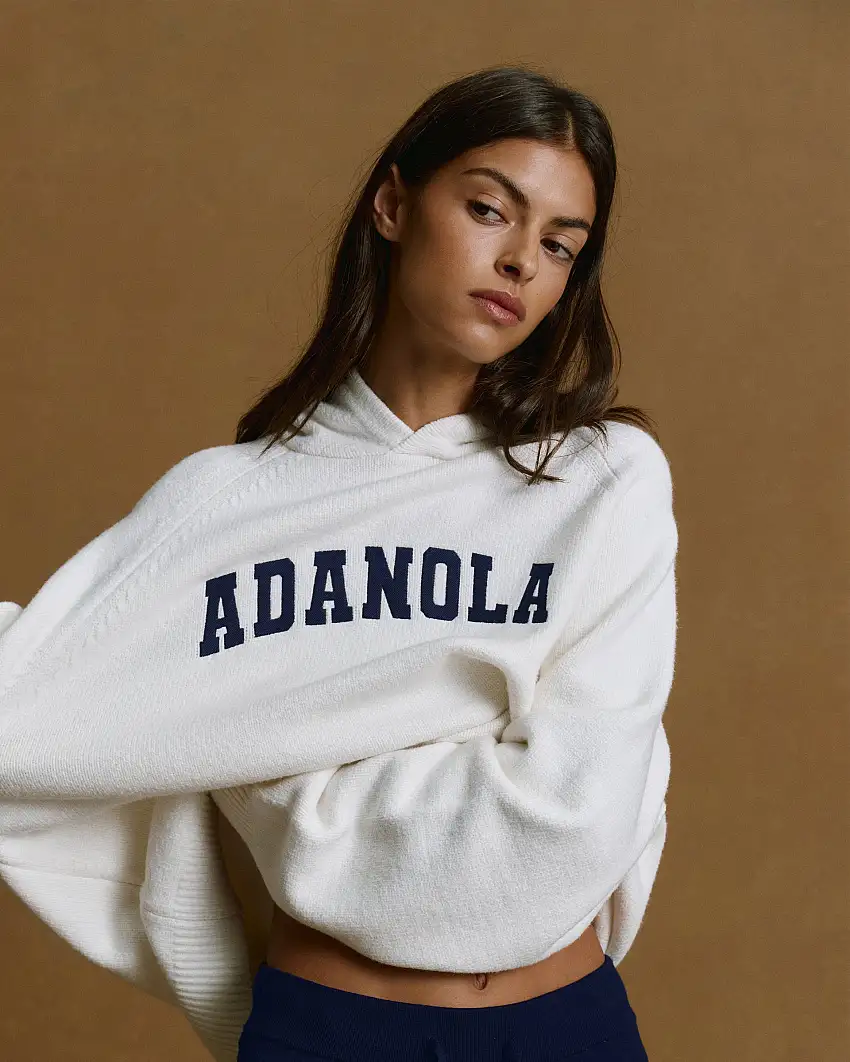 Varsity Oversized Knit Hoodie - Cream/Navy Blue