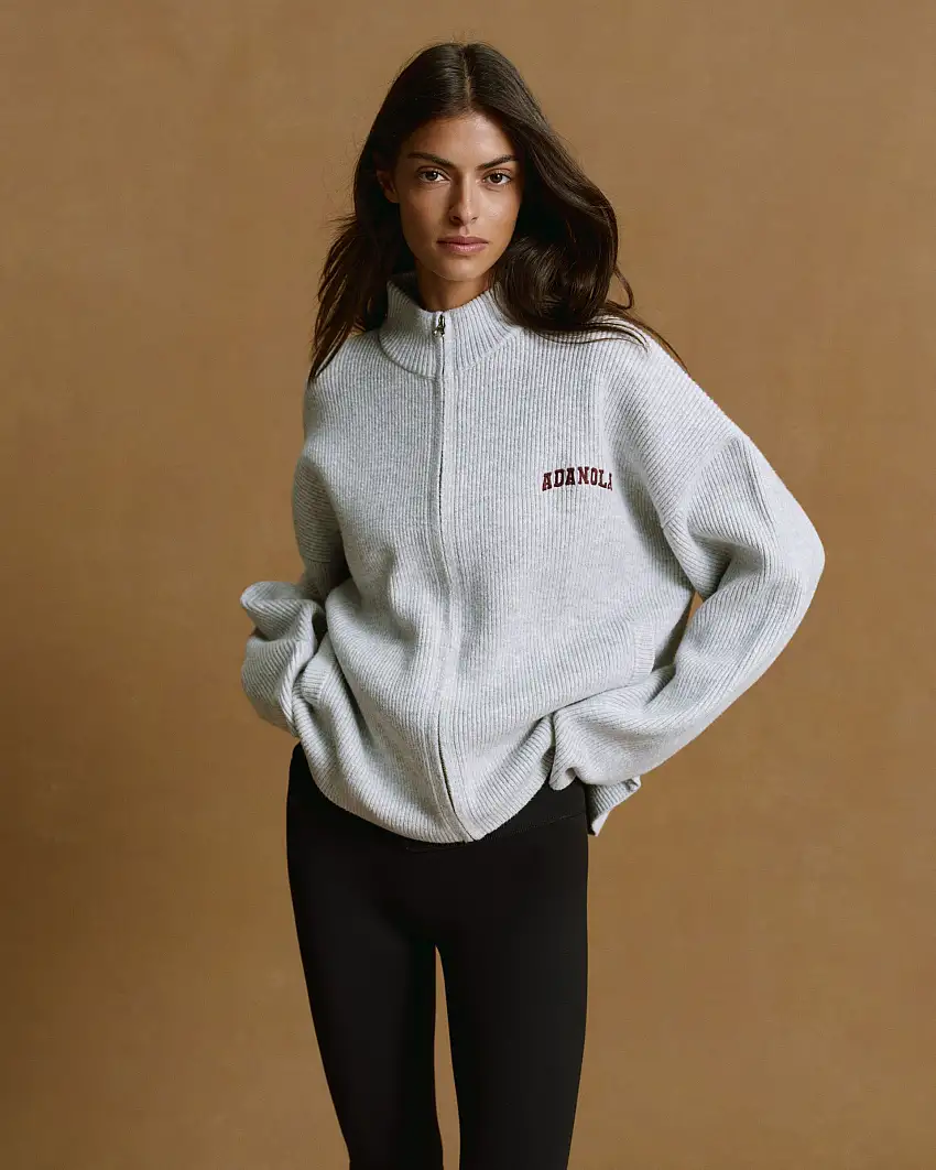 Ribbed Zip Through Knit Sweatshirt - Light Grey Melange/Burgundy
