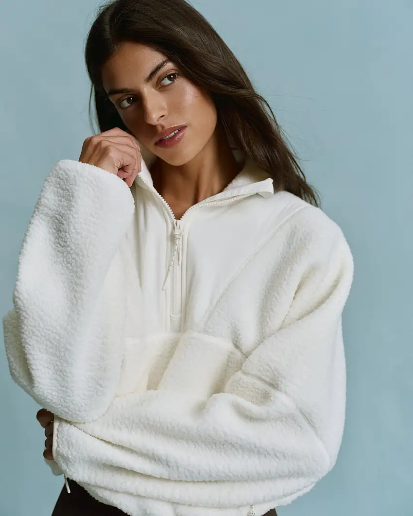 Seam Detail Quarter Zip Polar Fleece - Marshmallow White