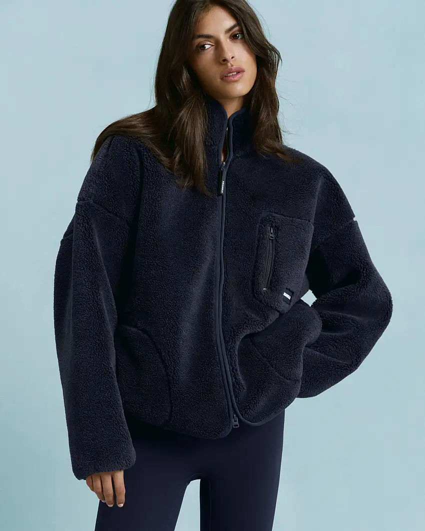 Oversized Pocket Zip Through Fleece - Navy Blue