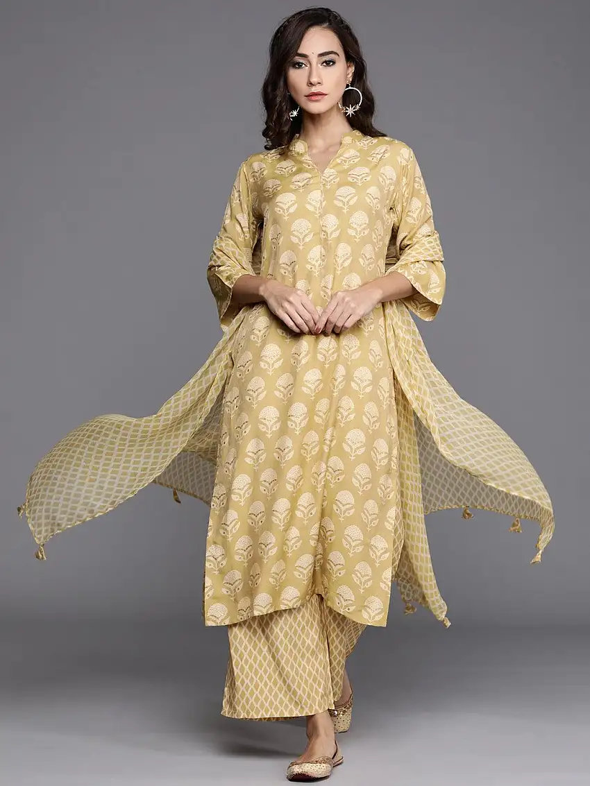 Yellow Printed Silk Blend Suit Set