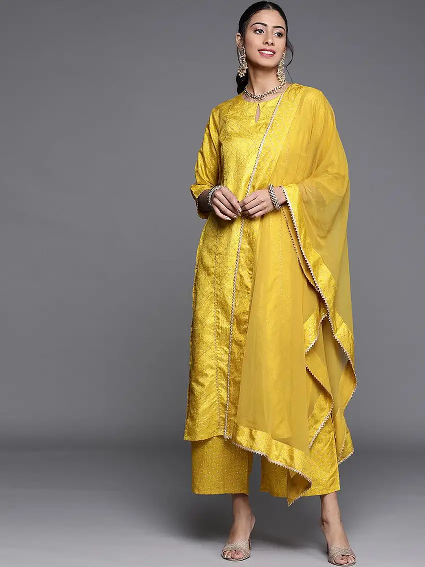 Yellow Printed Silk Blend Suit Set