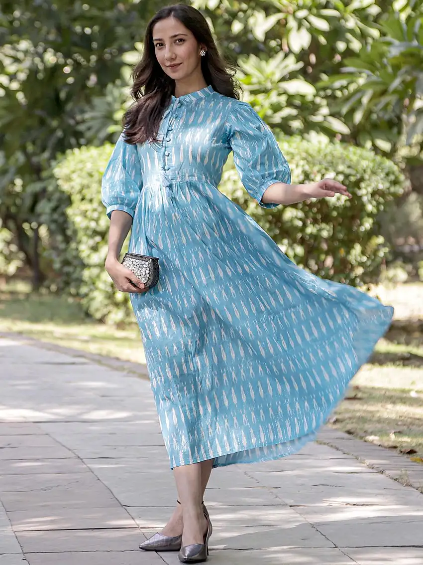 Blue Printed Cotton Fit and Flare Dress