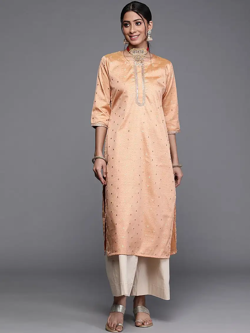 Beige Woven Design Chanderi Silk Kurta