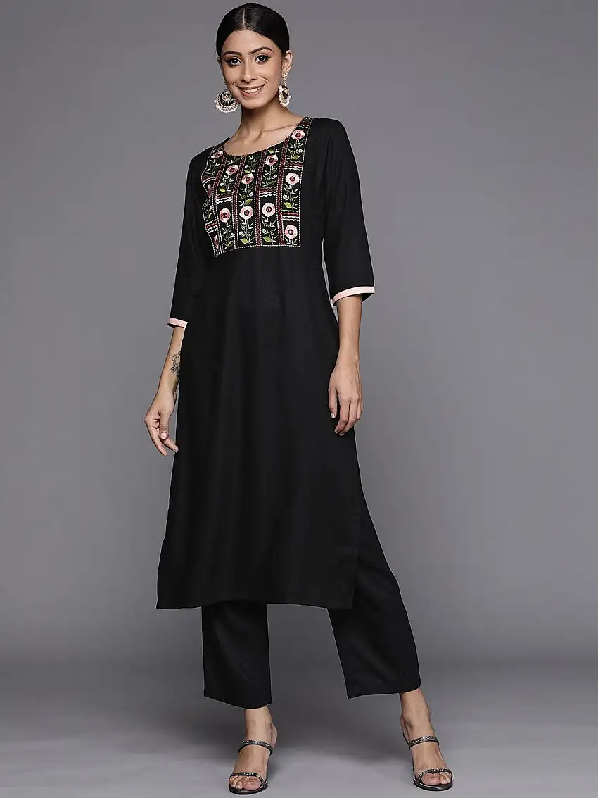 Black Printed Pashmina Wool Kurta