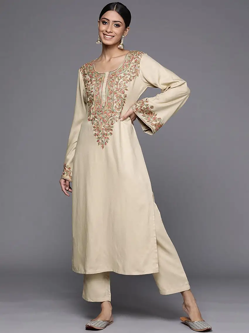 Beige Printed Pashmina Wool Kurta