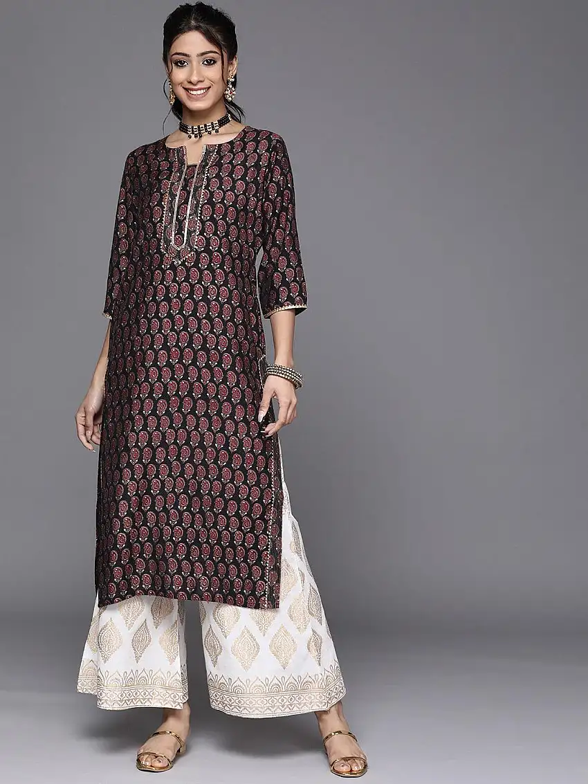 Black Printed Chanderi Silk Kurta