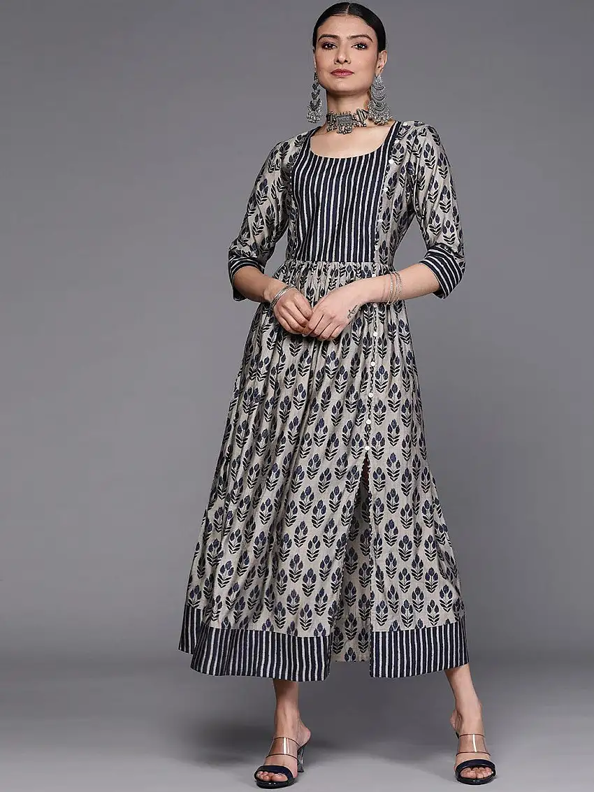 Taupe Printed Silk Dress