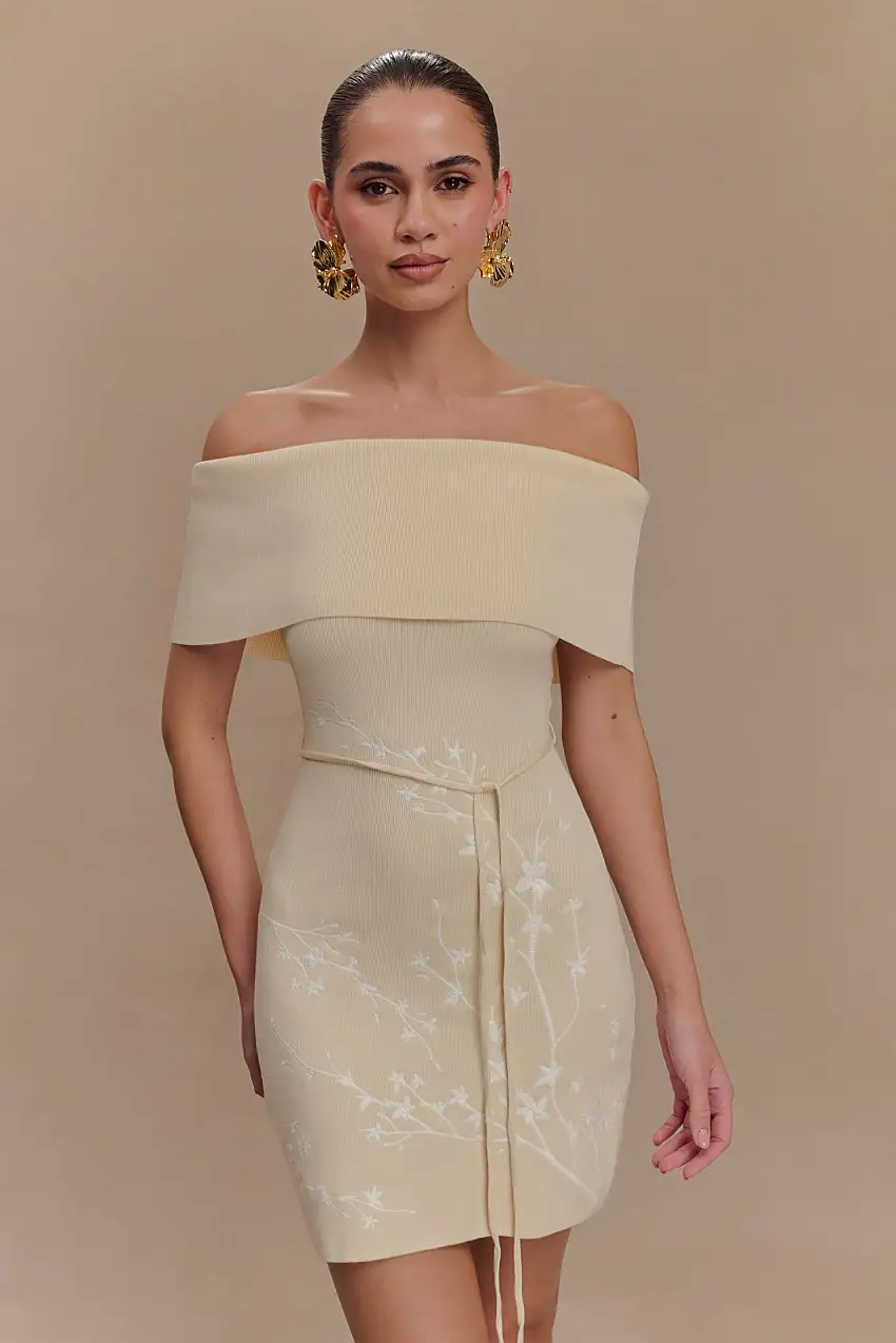 Mallory Off Shoulder Embroidered Knit Mini Dress - Cream And Ivory