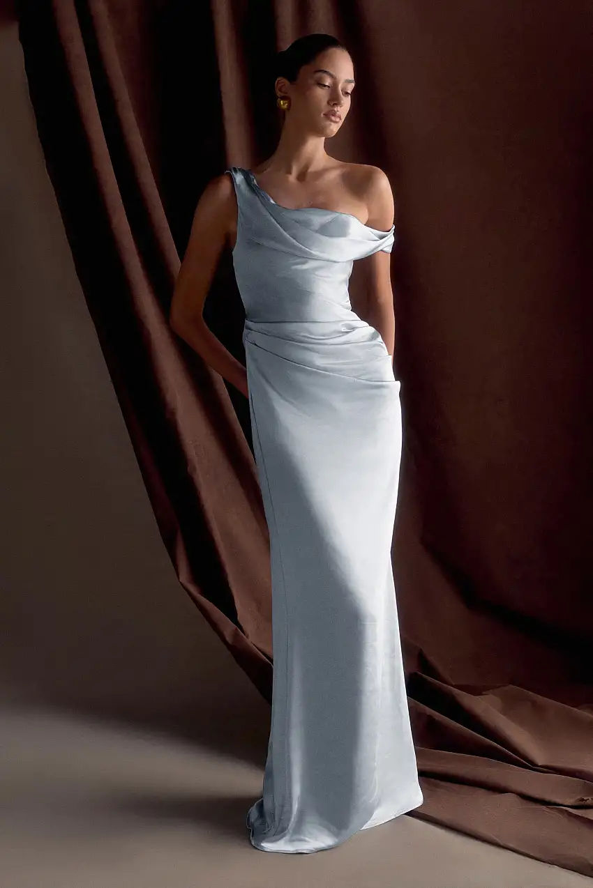Dalia Off Shoulder Satin Maxi Dress - Frosted Blue