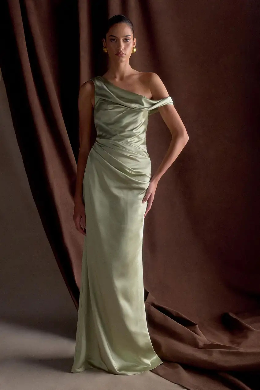 Dalia Off Shoulder Satin Maxi Dress - Sage