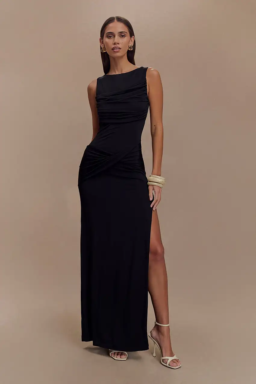 Henley Slinky Drape Maxi Dress - Black
