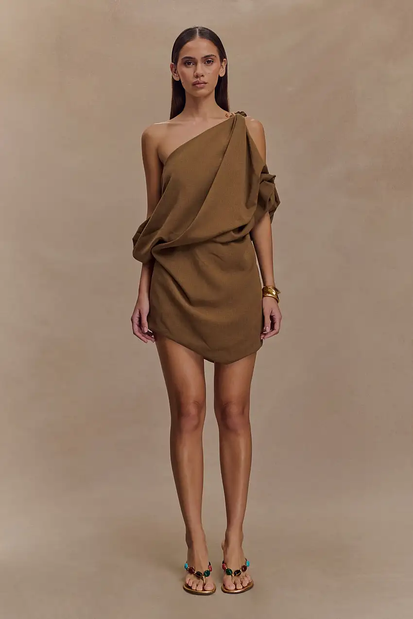 Gabriella Draped Mini Dress - Light Brown Marle