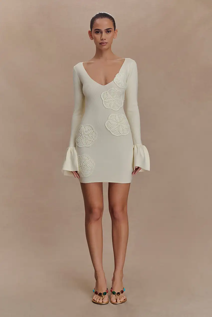 Amari Knit Crochet Knit Mini Dress - Ivory