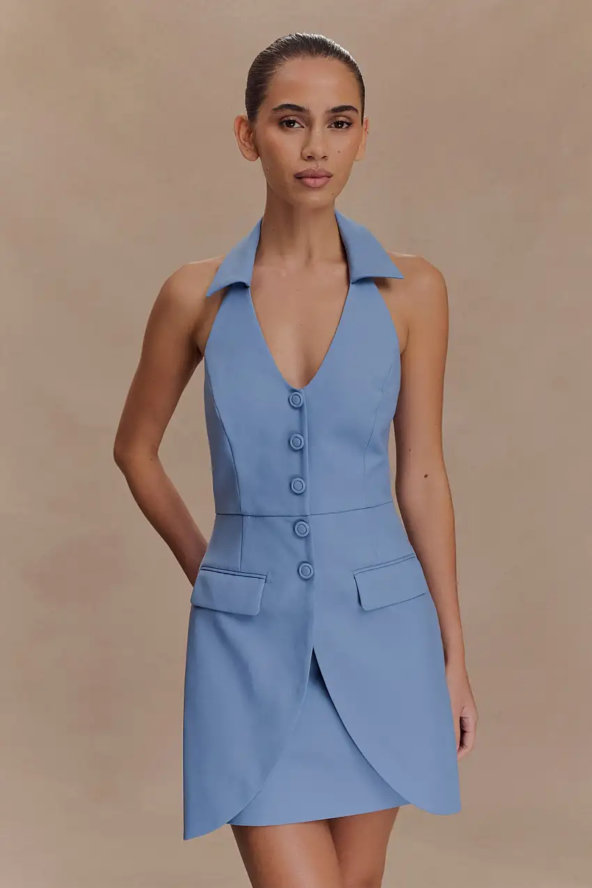 Ruth Cotton Halter Mini Dress - Ocean Blue