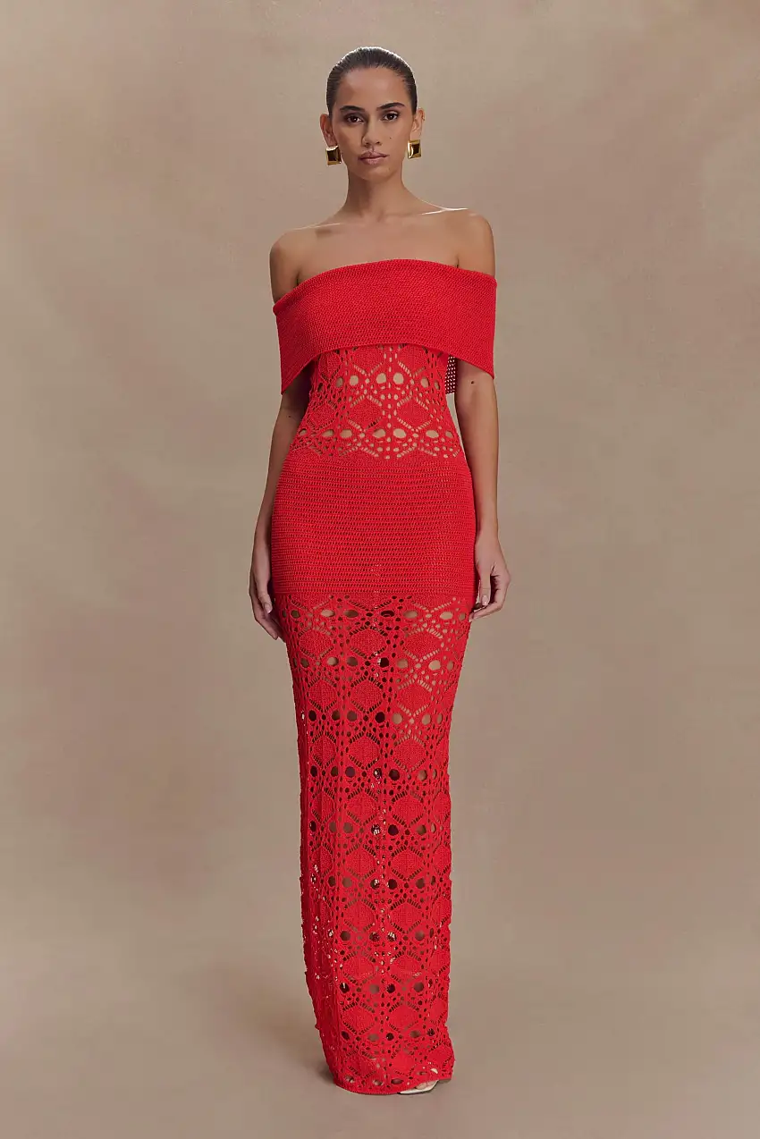 Solstice Off Shoulder Crochet Knit Maxi Dress - Blood Orange