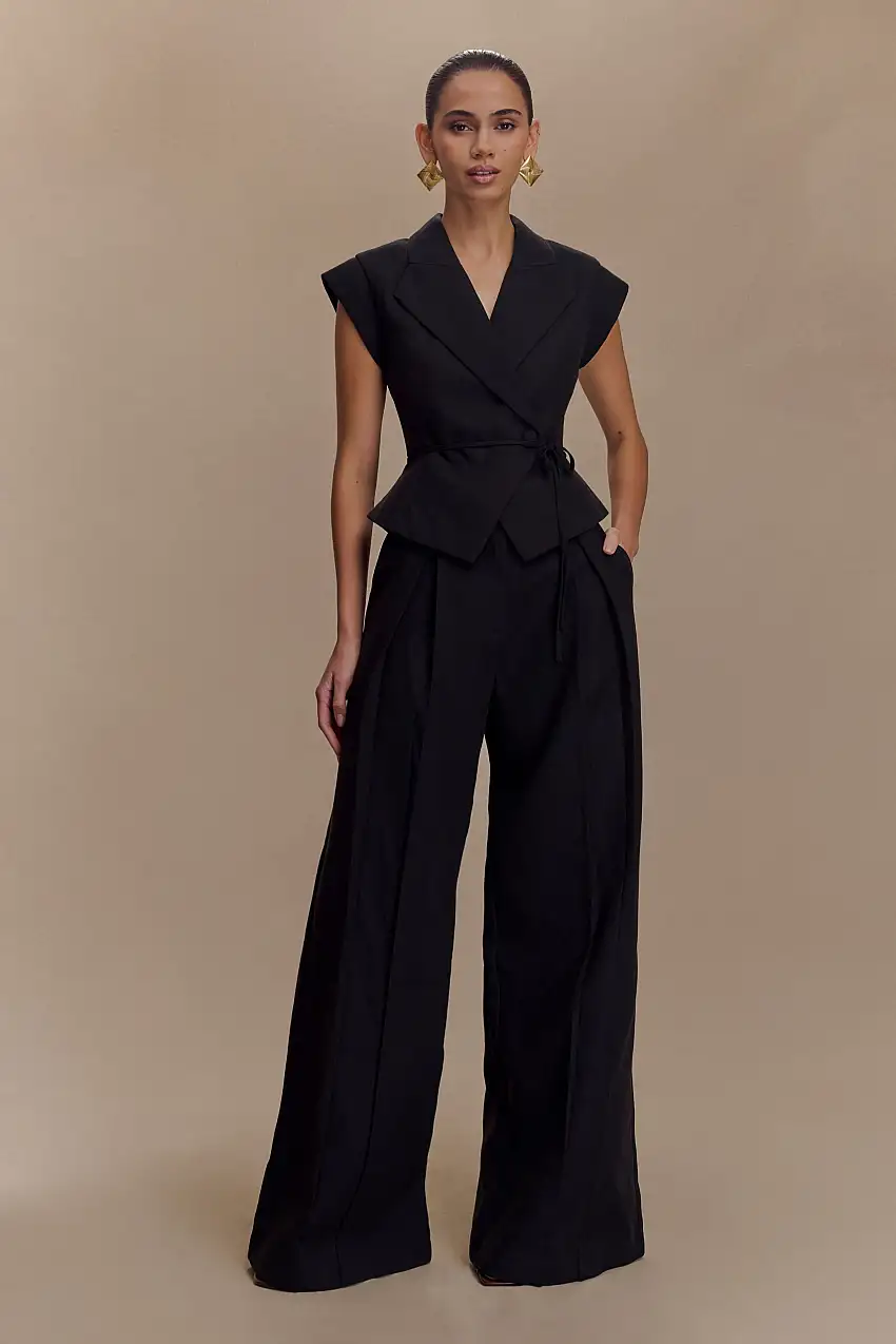 Raya Mid Rise Wide Leg Linen Pant - Black