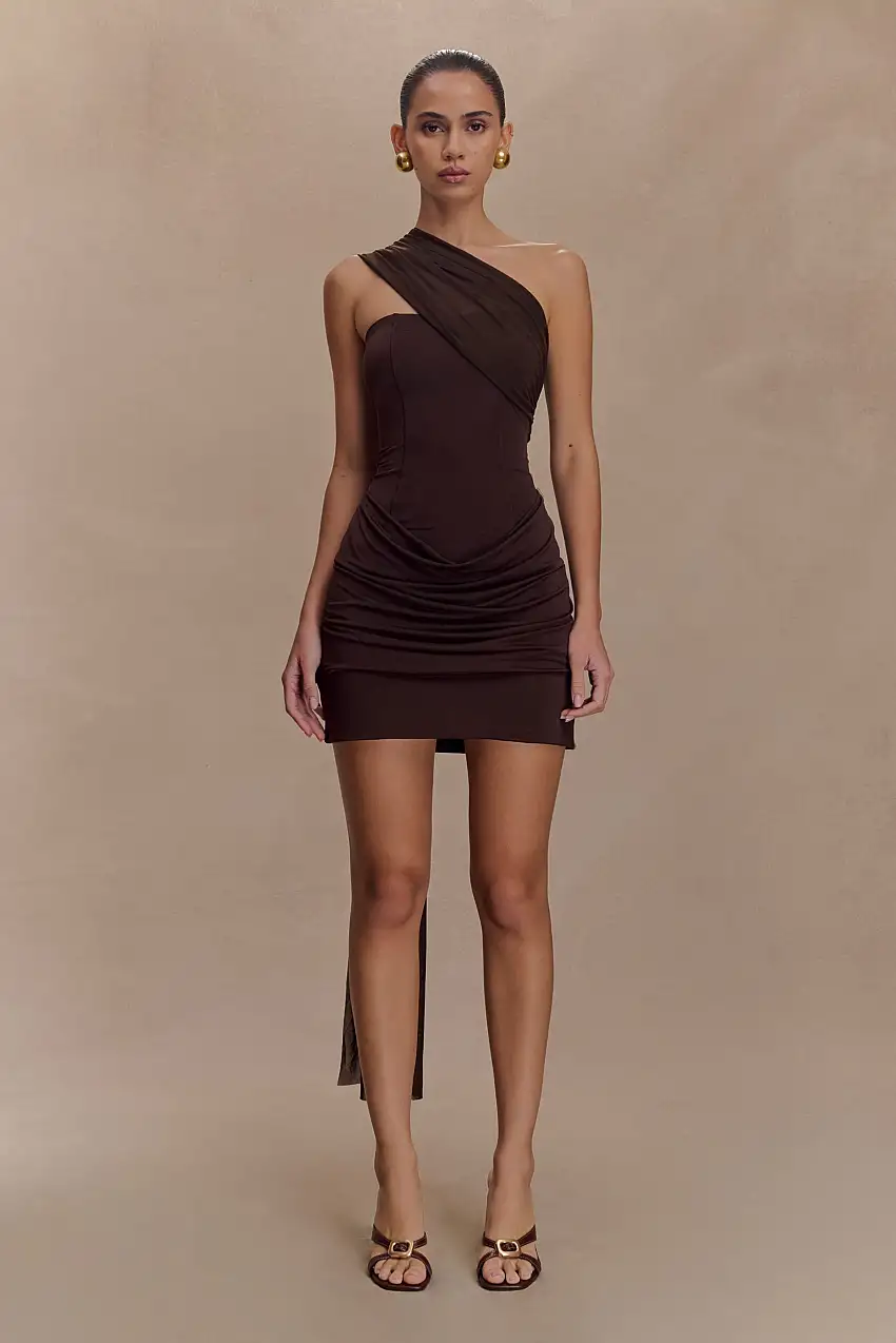 Mattea Slinky And Mesh Mini Dress With Scarf - Dark Chocolate