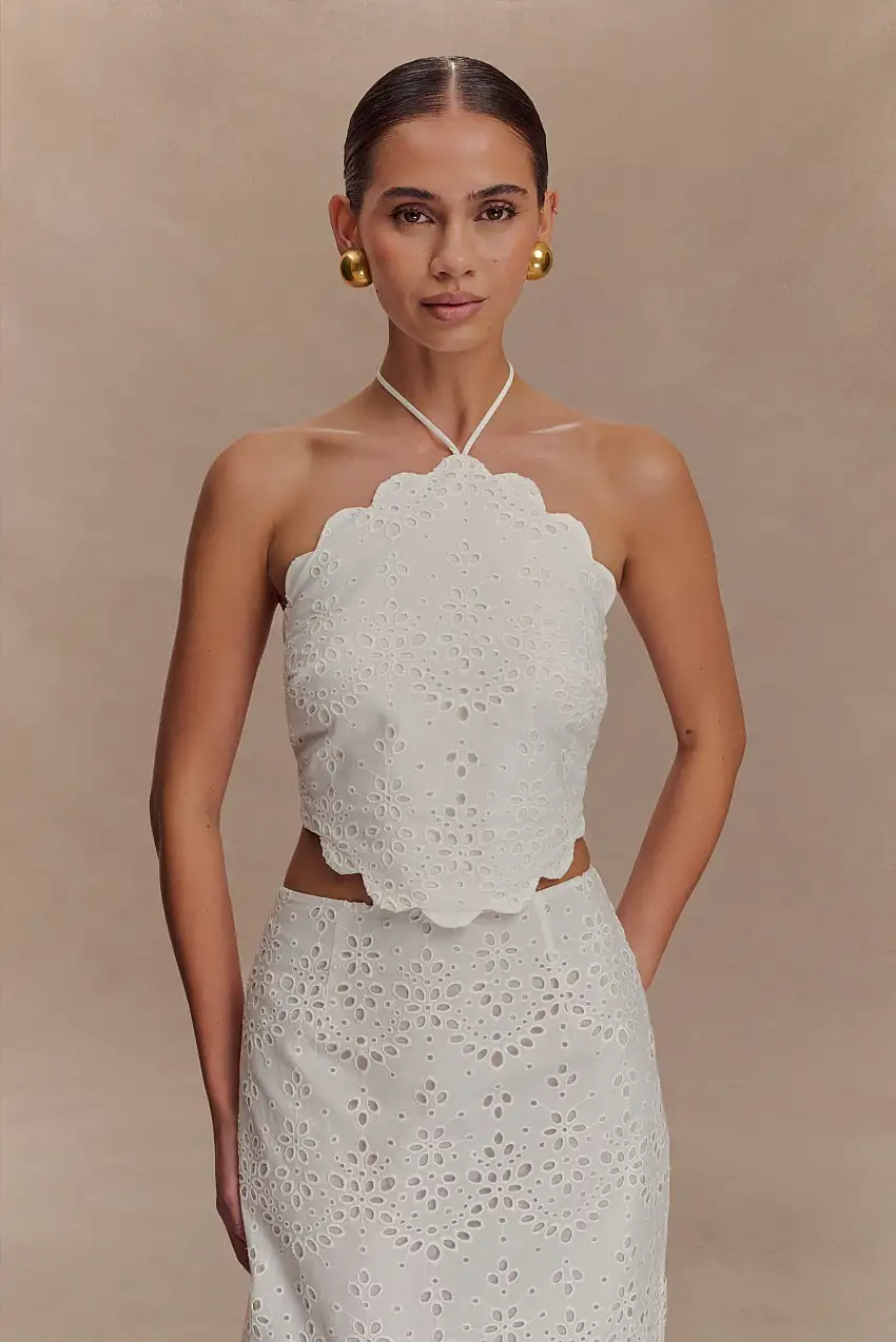 Kensley Broderie Halter Top - White