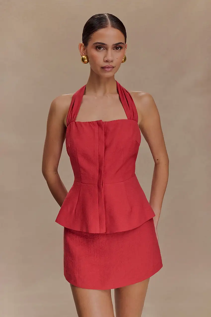 Kallie Linen Peplum Halter Top - Burnt Rose