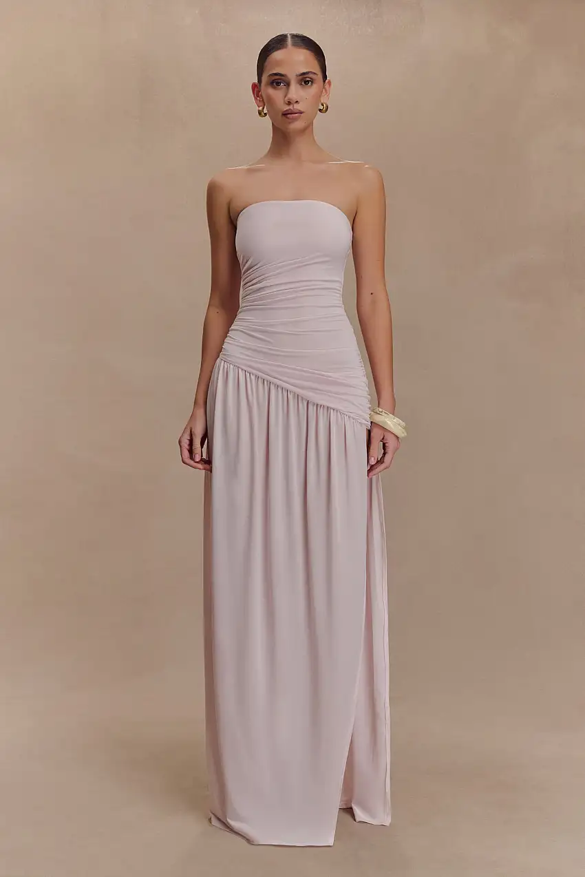 Bex Strapless Slinky Maxi Dress With Split - Pale Pink