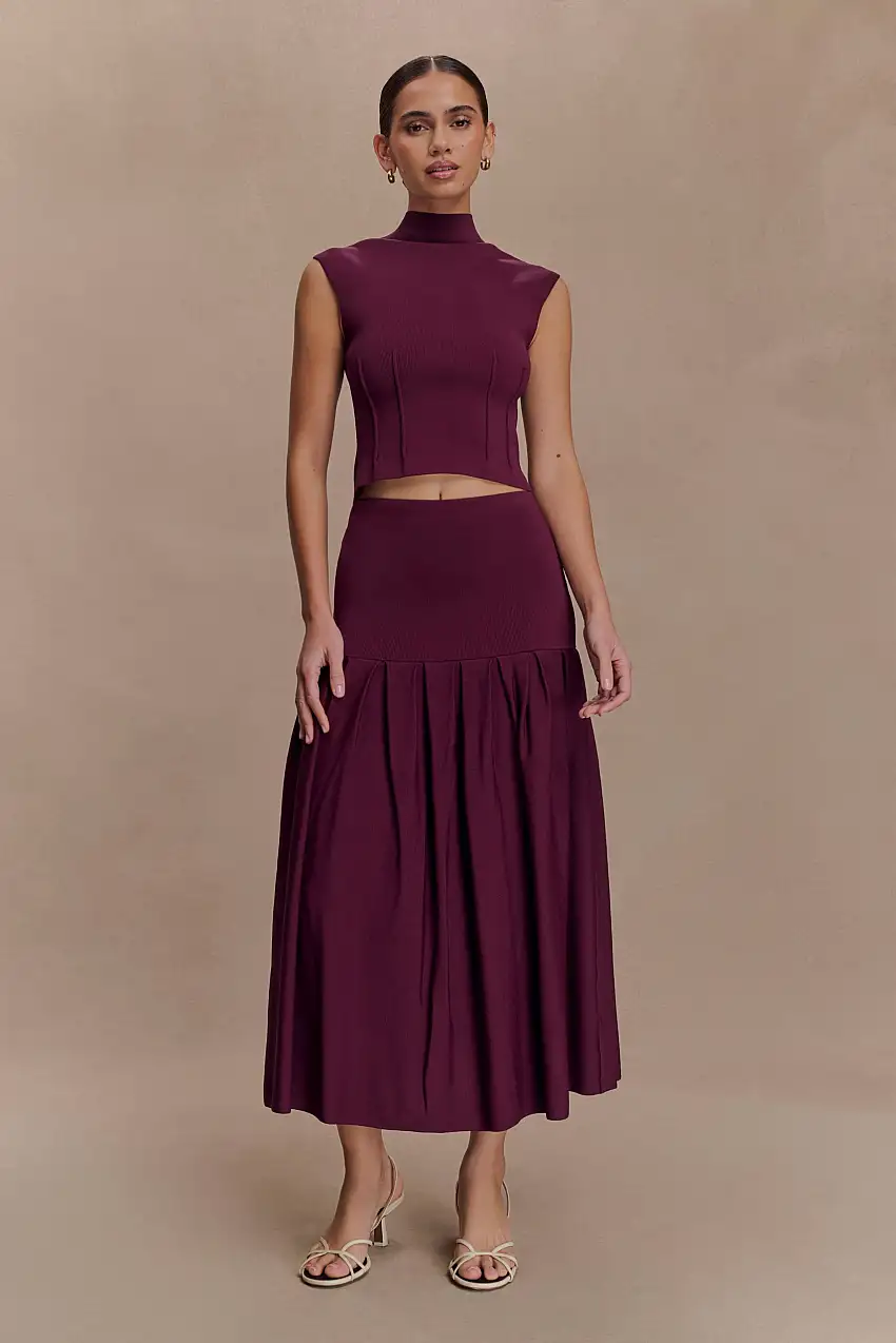 Romaine Bandage Knit Midi Skirt - Wine