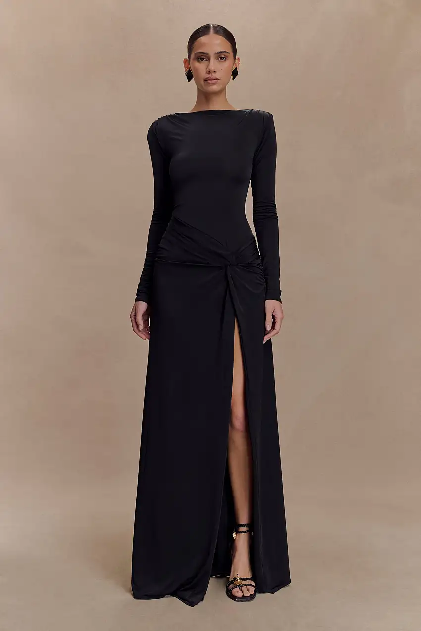 Deanna Long Sleeve Gathered Maxi Dress - Black