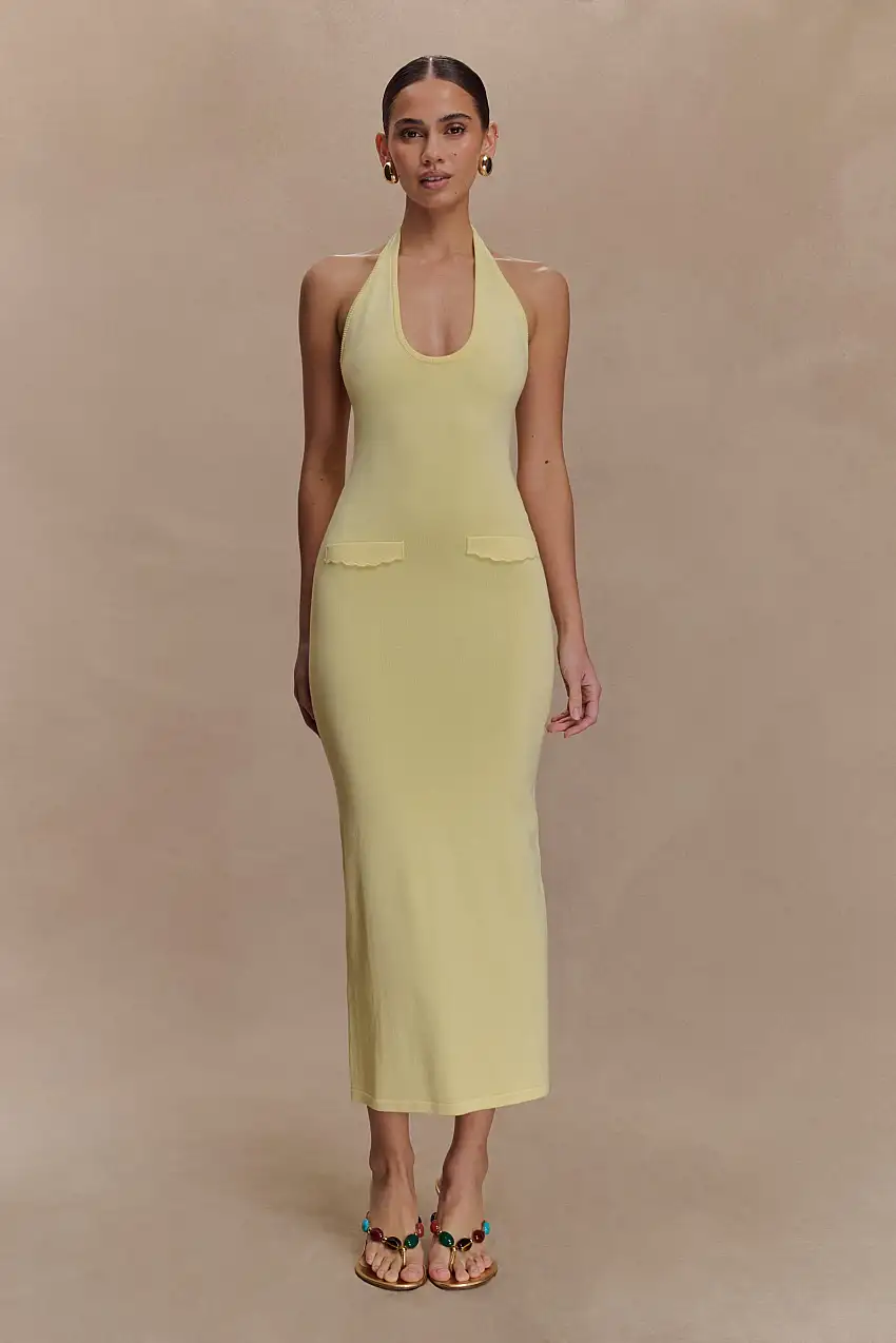 Ovina Halter Neck Knit Midi Dress - Lemon