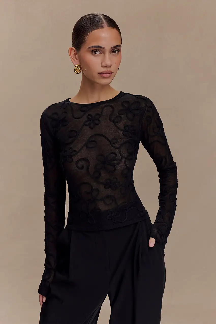 Omari Embroidery Long Sleeve Knit Top - Black