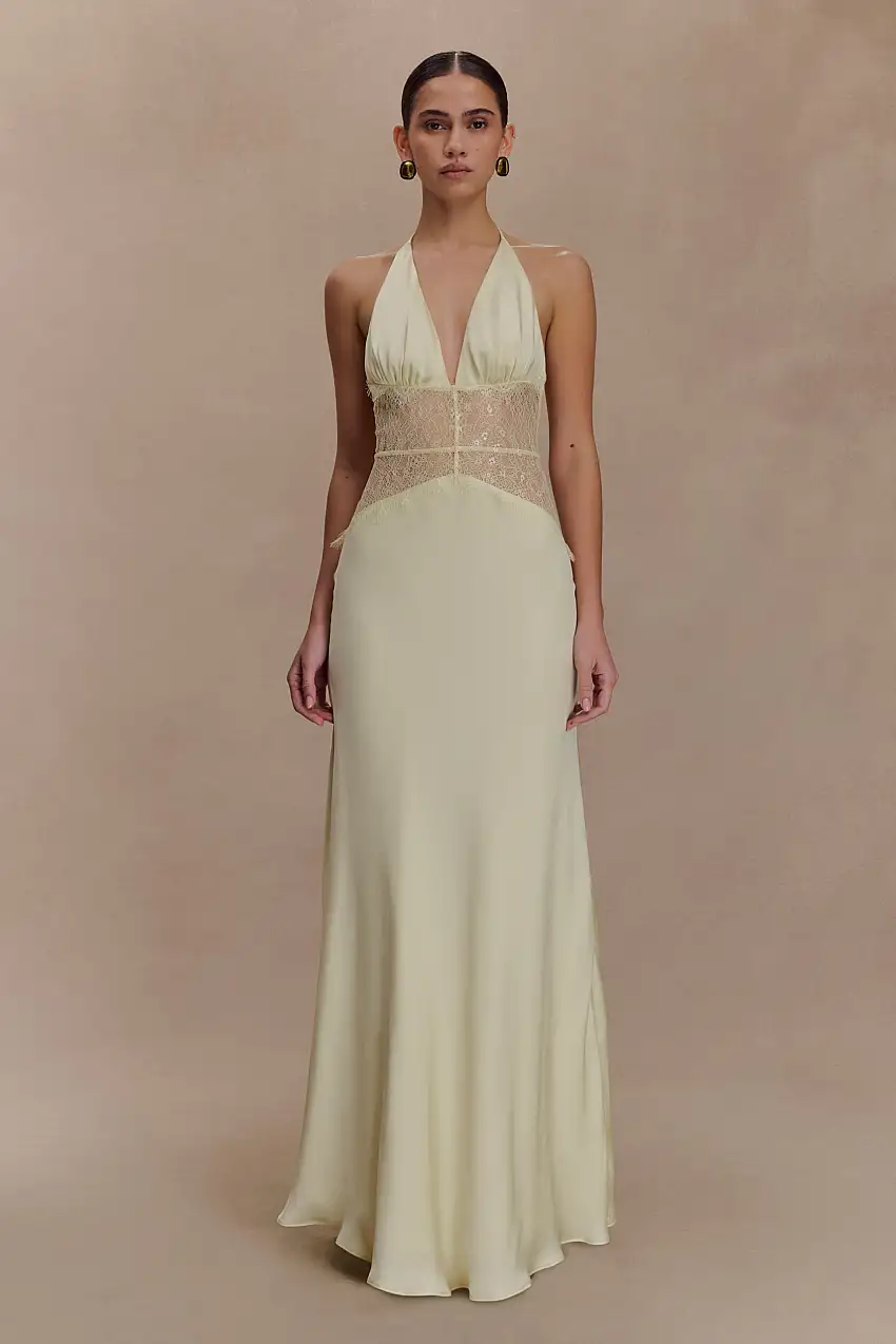 Dinah Lace And Satin Maxi Dress - Lemon
