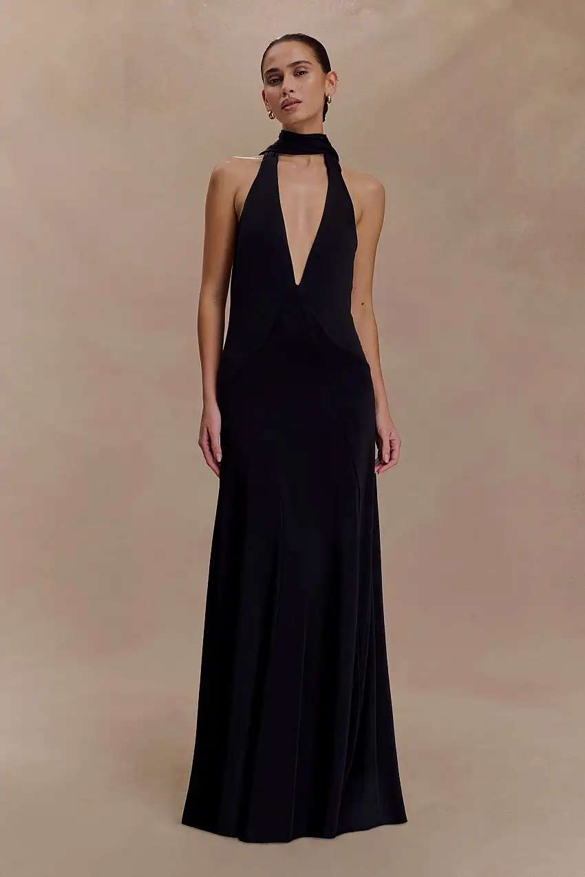 Juliet Slinky Maxi Dress With Scarf - Black