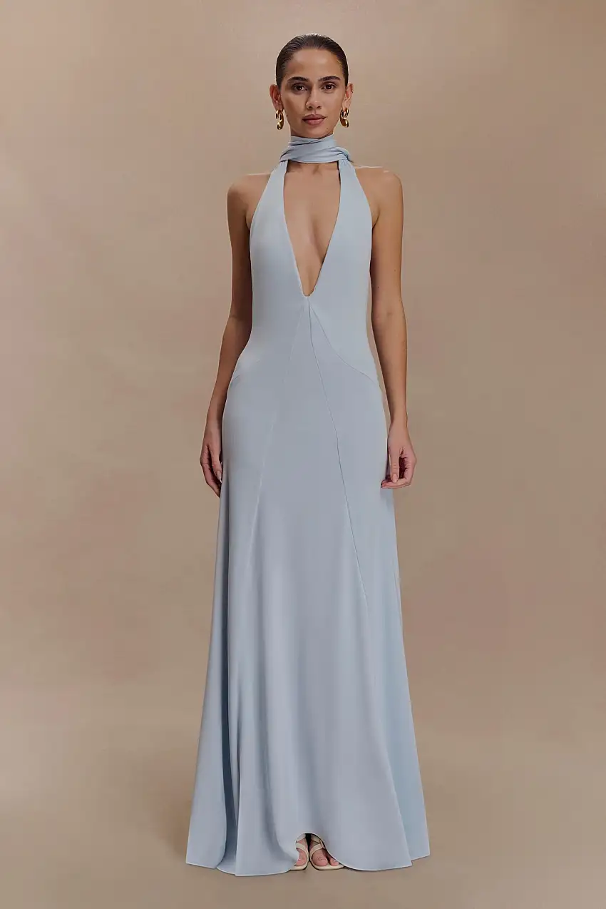 Juliet Slinky Maxi Dress With Scarf - Pale Blue