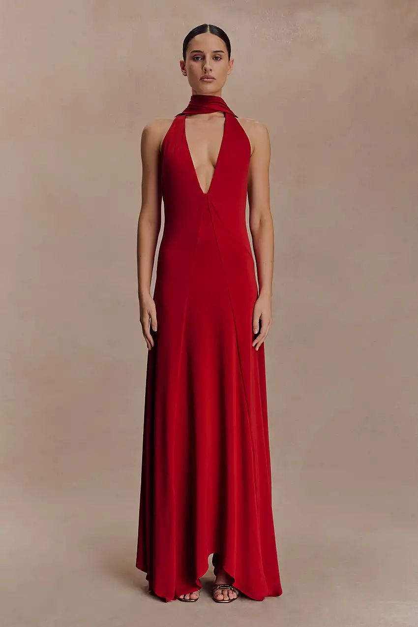 Juliet Slinky Maxi Dress With Scarf - Ruby