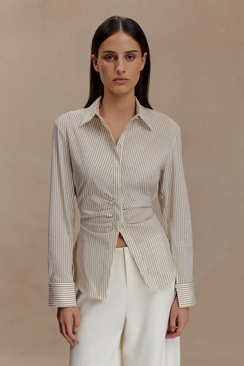 Millie Tie Back Cotton Shirt - Beige Pinstripe