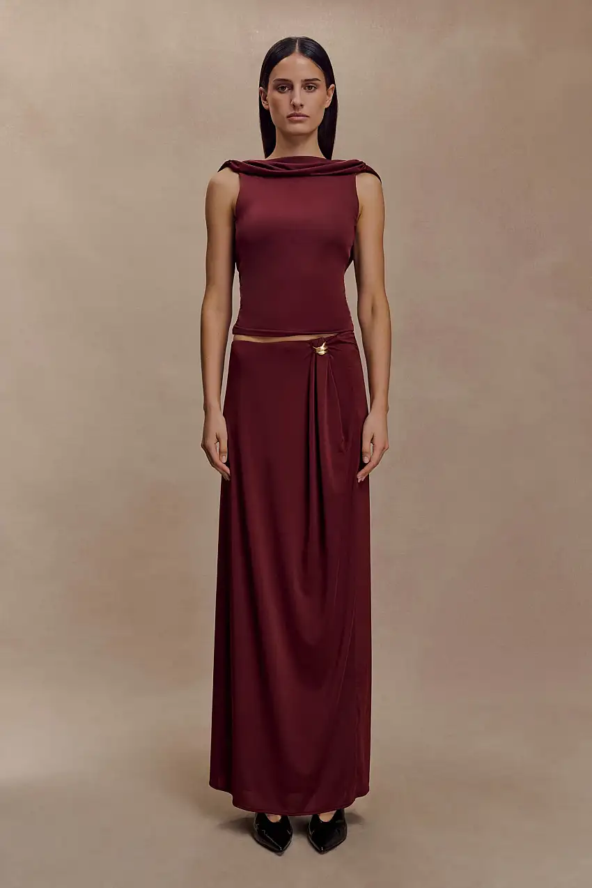 Bridget Slinky Maxi Skirt With Hardware - Burgundy