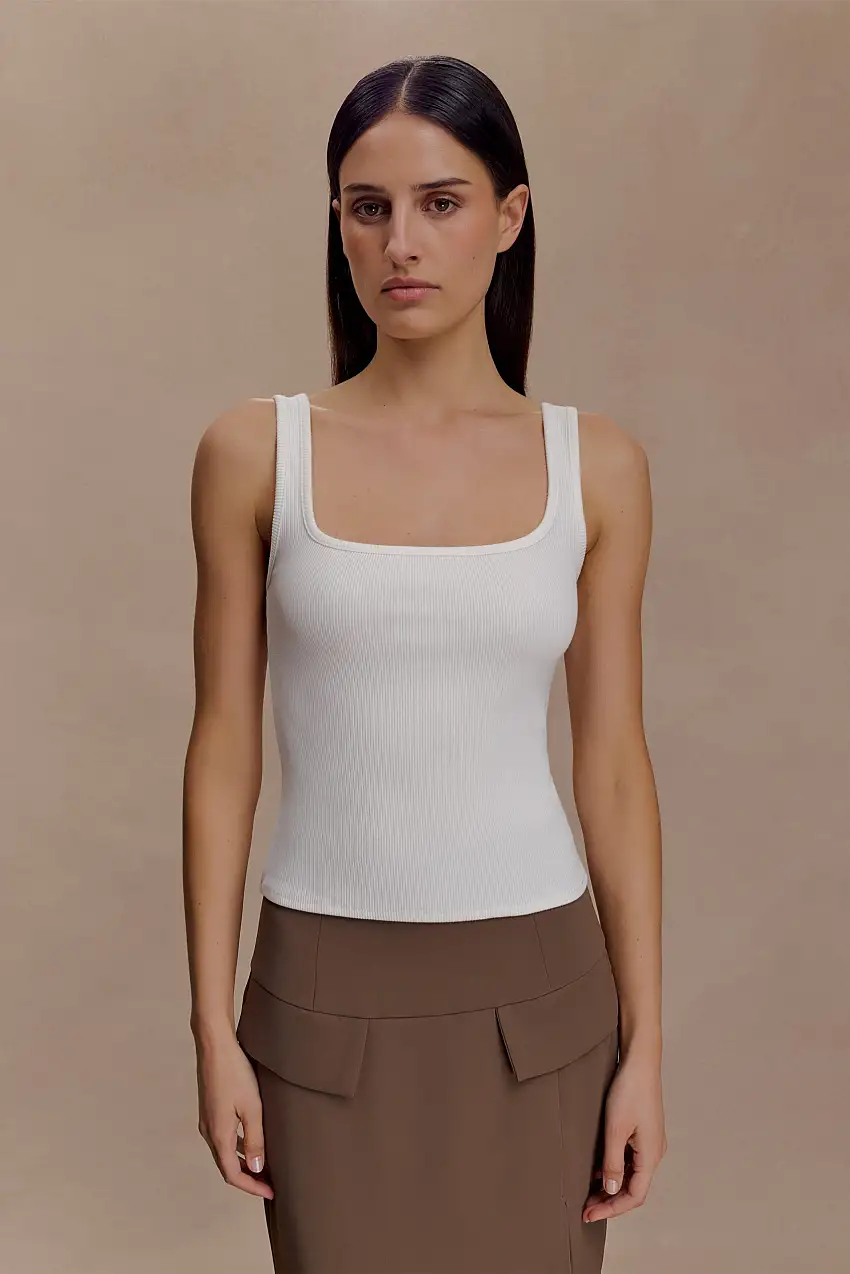 Aisling Ribbed Square Neck Sleeveless Top - Ivory